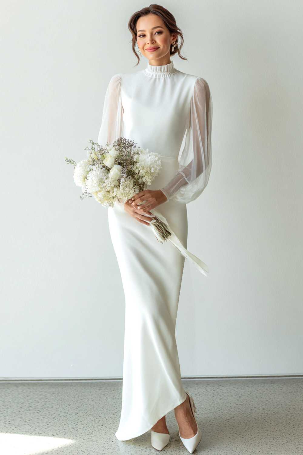 Leely Women White Chiffon Long Wedding Dress with Sleeves High Neck Mermaid Engagement Dress