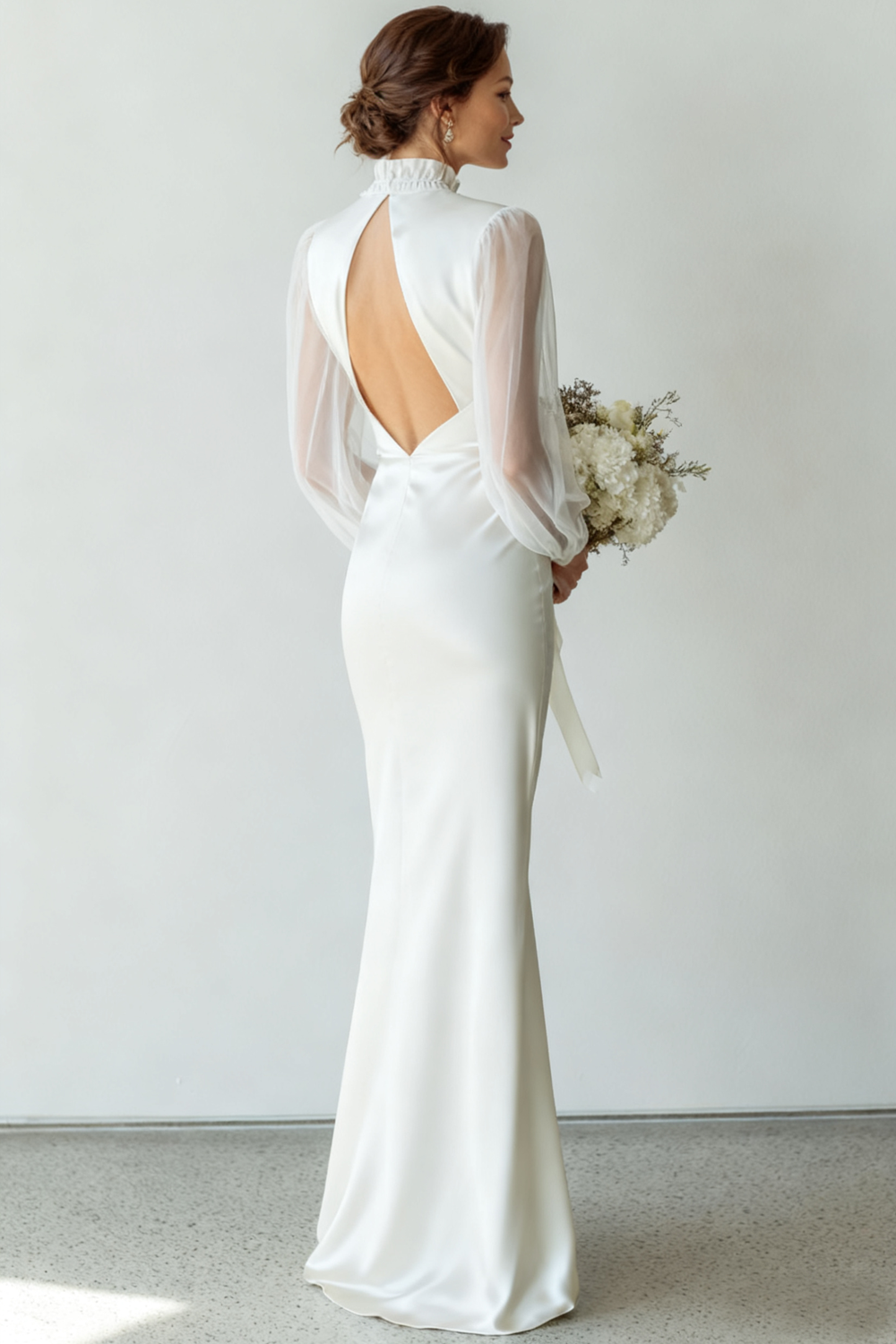 White Chiffon High Neck Long Wedding Dress with Sleeves