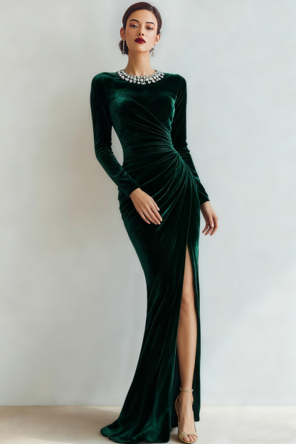 Dark Green Mermaid Velvet Ruched Long Holiday Party Dress with Slit
