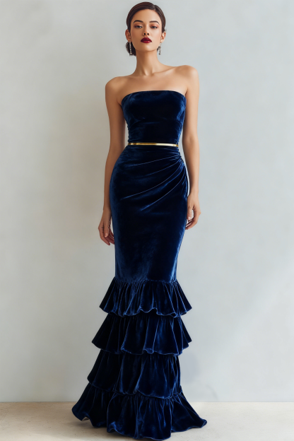 Leely Women Navy Tiered Velvet Maxi Holiday Party Dress Strapless Ruched Mermaid Formal Dress with Ruffles