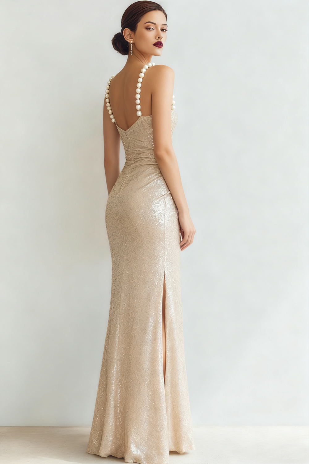 Sparkly Champagne Sequin Ruched Maxi Prom Dress
