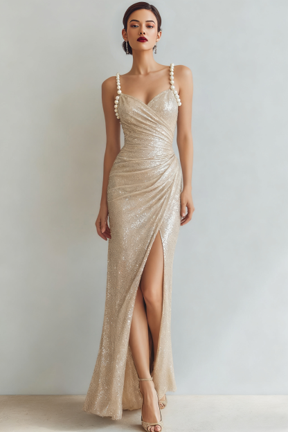 Sparkly Champagne Sequin Ruched Maxi Prom Dress