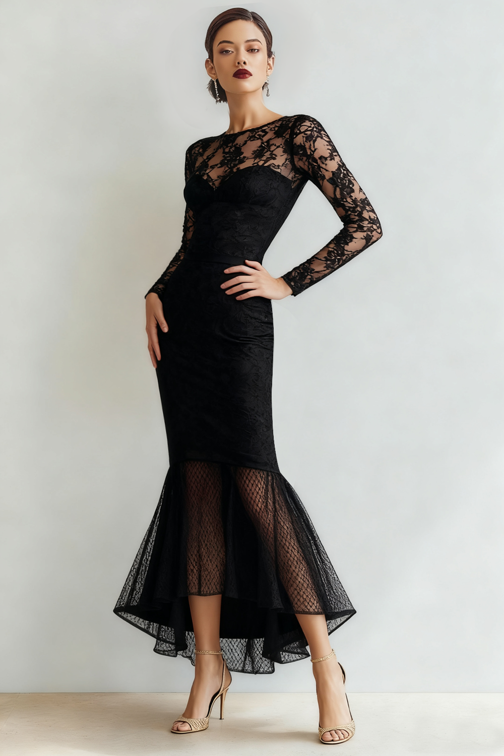 Leely Women Black Lace Maxi Evening Dress with Sleeves Boat Neck Mermaid Formal Dress