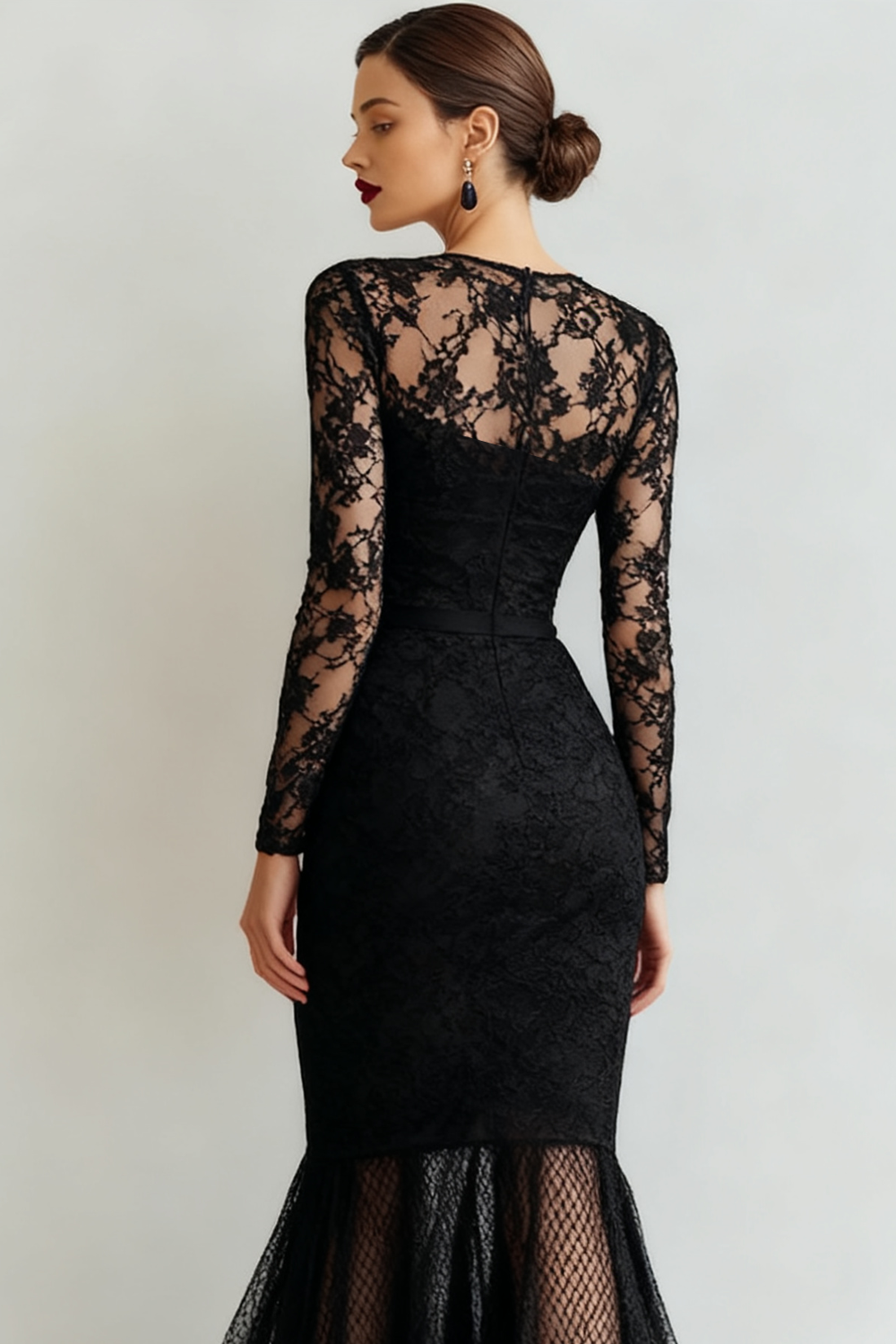 Black Lace Mermaid Maxi Evening Dress with Sleeves