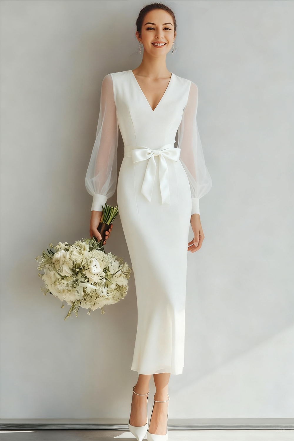 White V-Neck Sheath Long Sleeves Wedding Dress with Bow