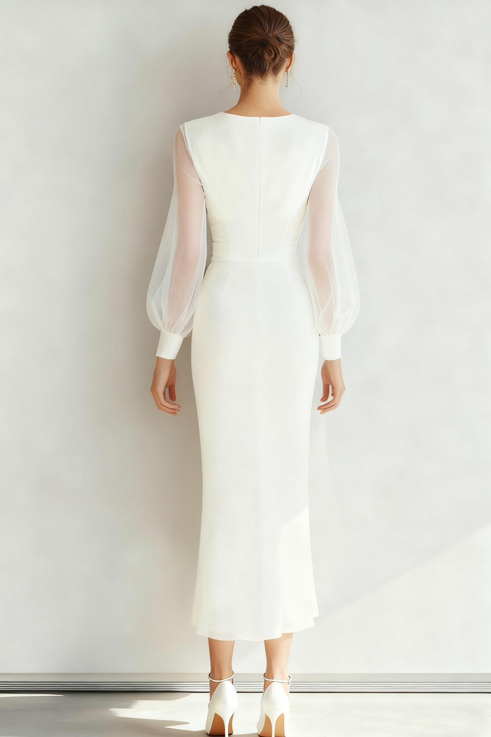 White V-Neck Sheath Long Sleeves Wedding Dress with Bow