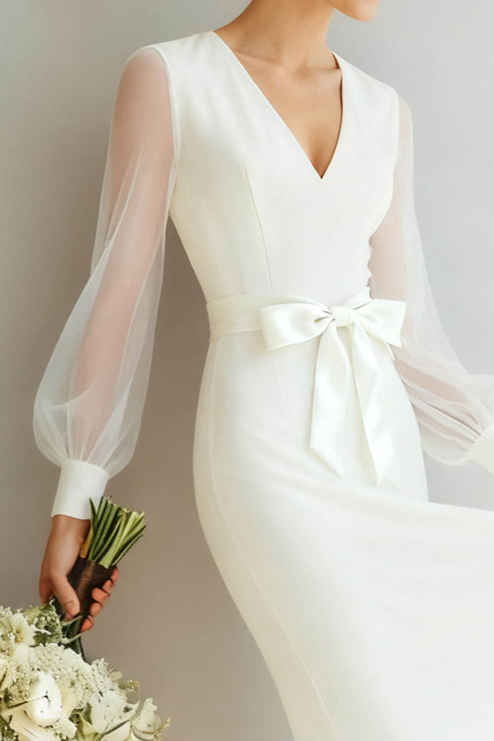 White V-Neck Sheath Long Sleeves Wedding Dress with Bow