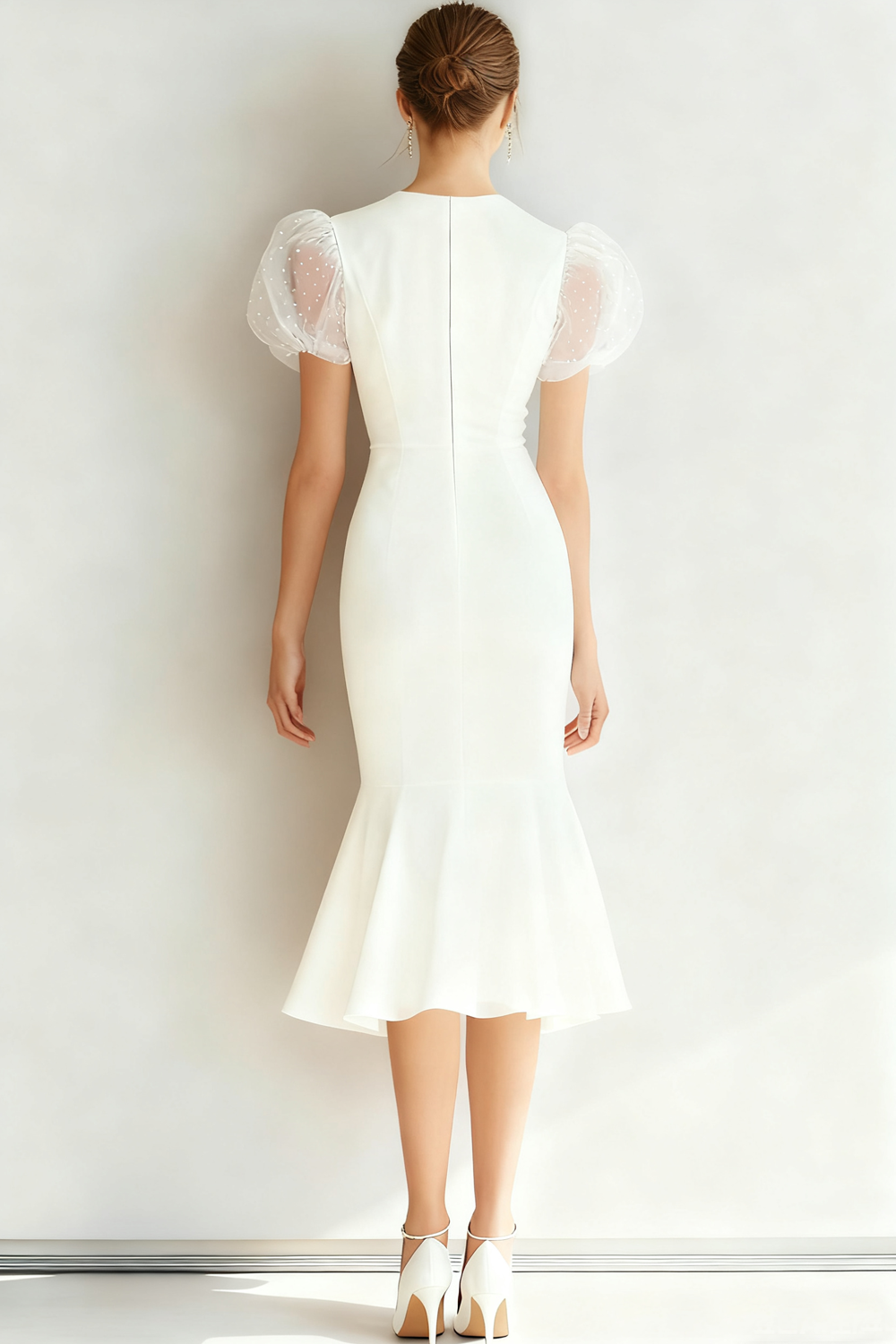 White Round Neck Mermaid Midi Wedding Dress