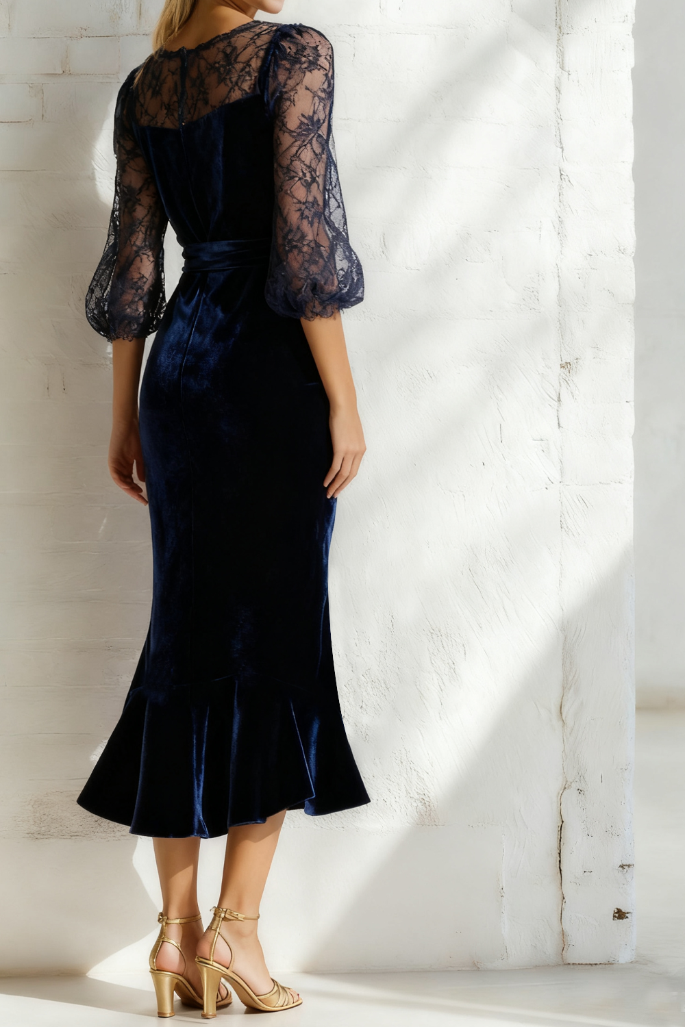 Navy Boat Neck Velvet Midi Holiday Party Dress with Lace