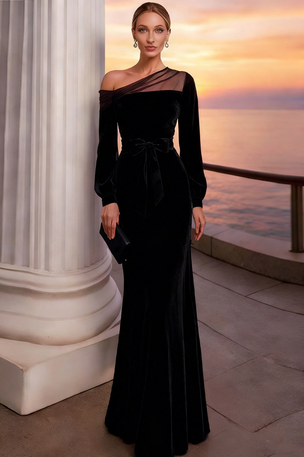 Burgundy Long Mermaid Velvet Holiday Party Dress with Sleeves