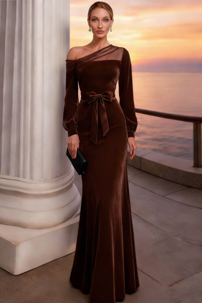 Burgundy Long Mermaid Velvet Holiday Party Dress with Sleeves
