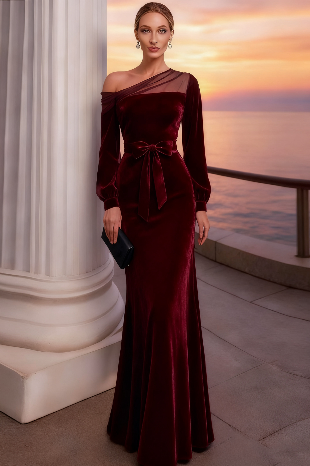 Burgundy Long Mermaid Velvet Holiday Party Dress with Sleeves