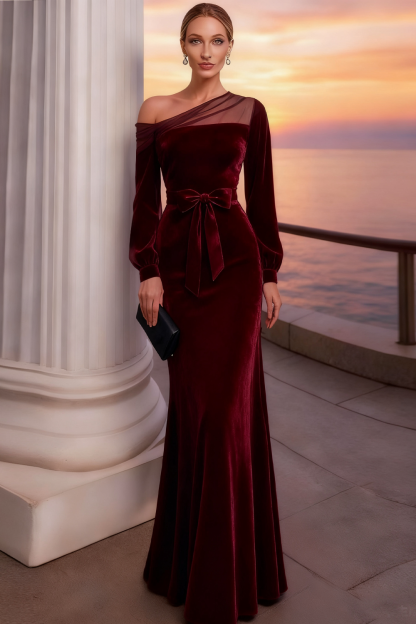 Leely Women Burgundy Long Velvet Holiday Party Dress with Sleeves Asymmetrical Neck Mermaid Formal Dress