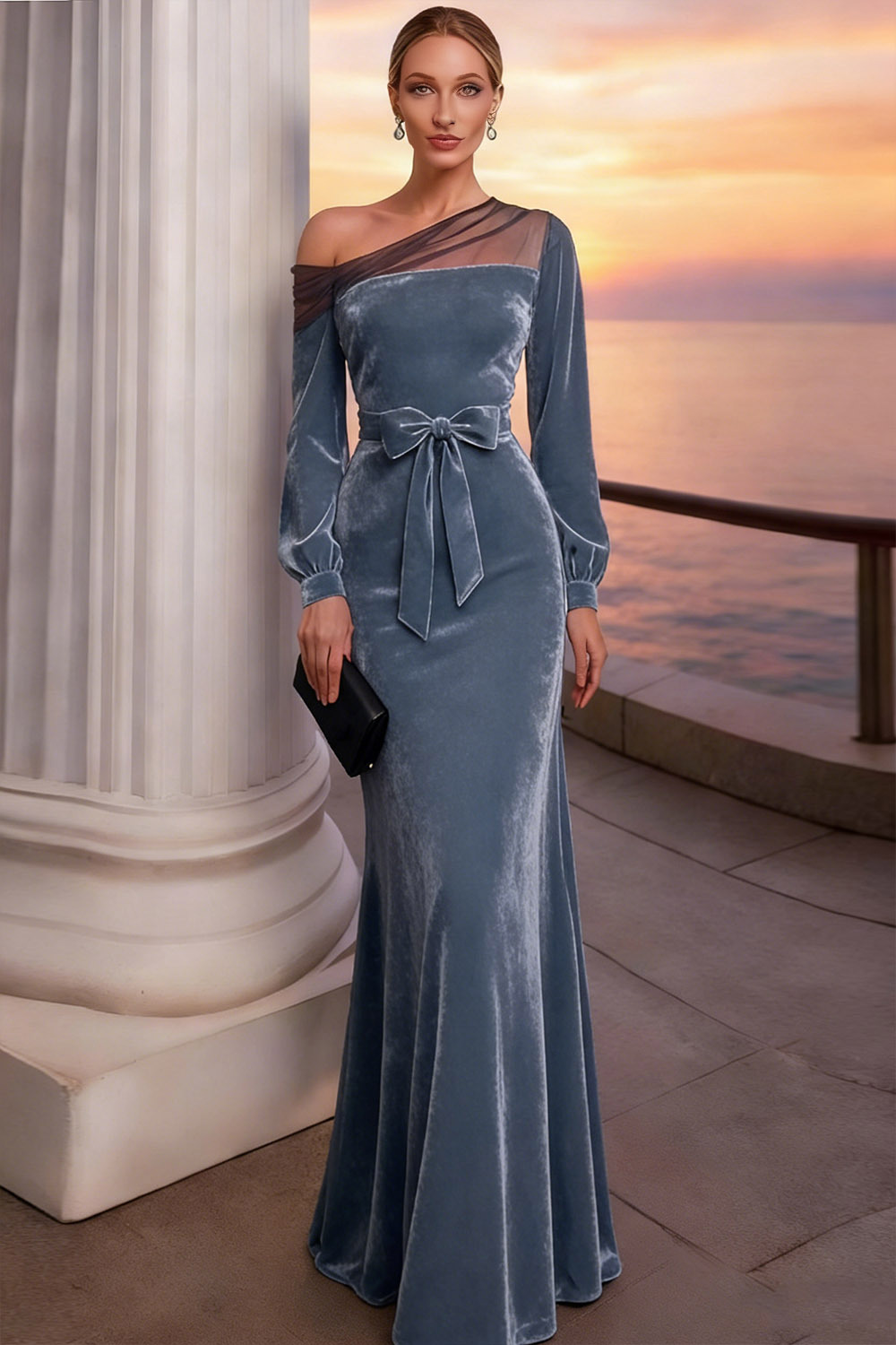 Burgundy Long Mermaid Velvet Holiday Party Dress with Sleeves