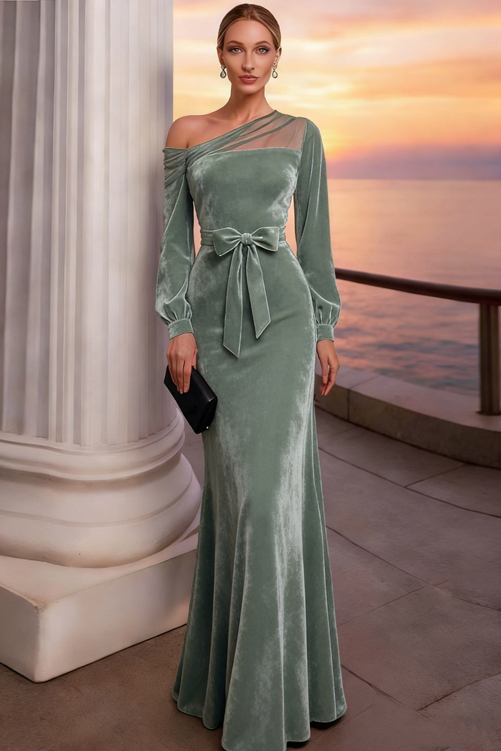 Burgundy Long Mermaid Velvet Holiday Party Dress with Sleeves