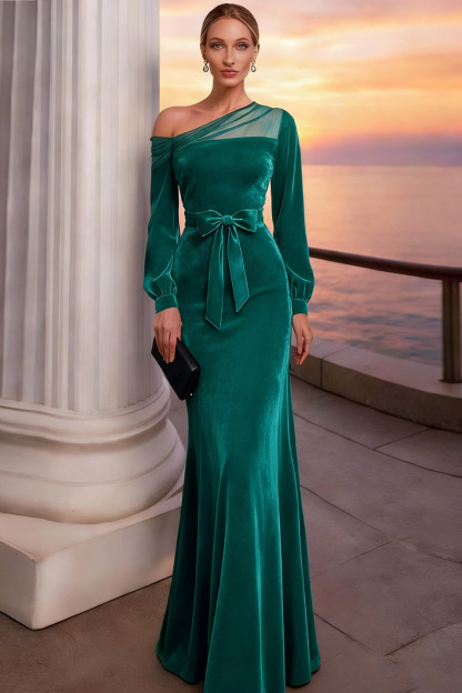 Burgundy Long Mermaid Velvet Holiday Party Dress with Sleeves