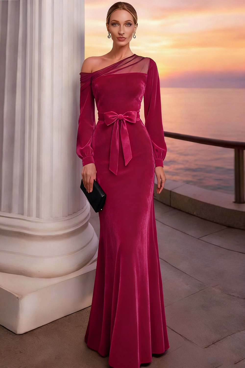 Burgundy Long Mermaid Velvet Holiday Party Dress with Sleeves