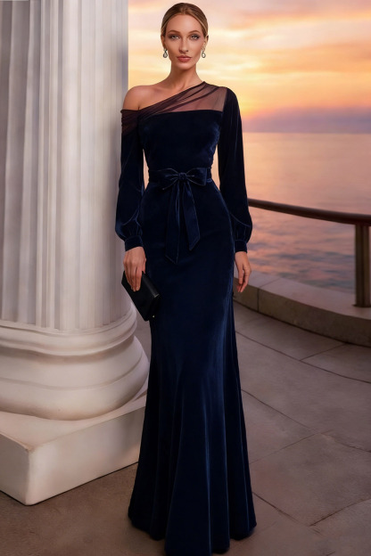 Burgundy Long Mermaid Velvet Holiday Party Dress with Sleeves