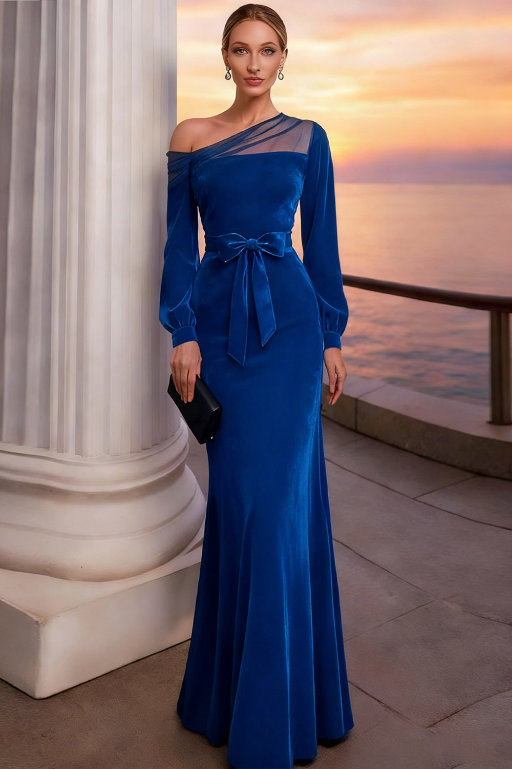 Burgundy Long Mermaid Velvet Holiday Party Dress with Sleeves