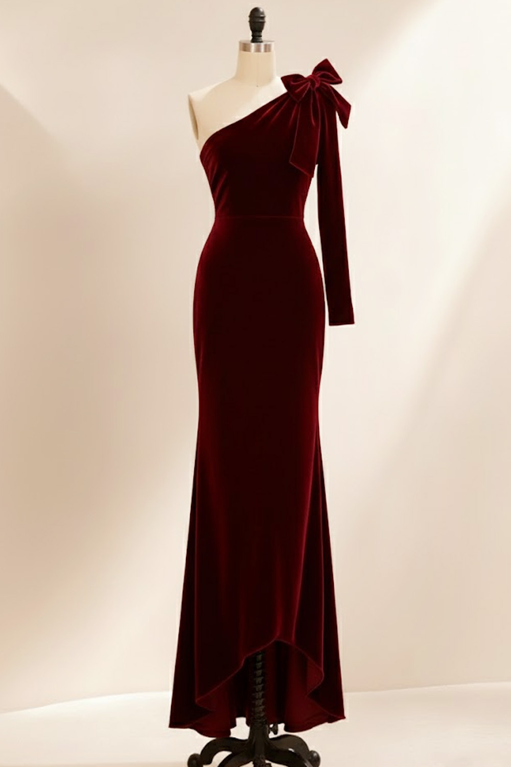 Burgundy Mermaid Velvet Maxi Holiday Party Dress with Bow