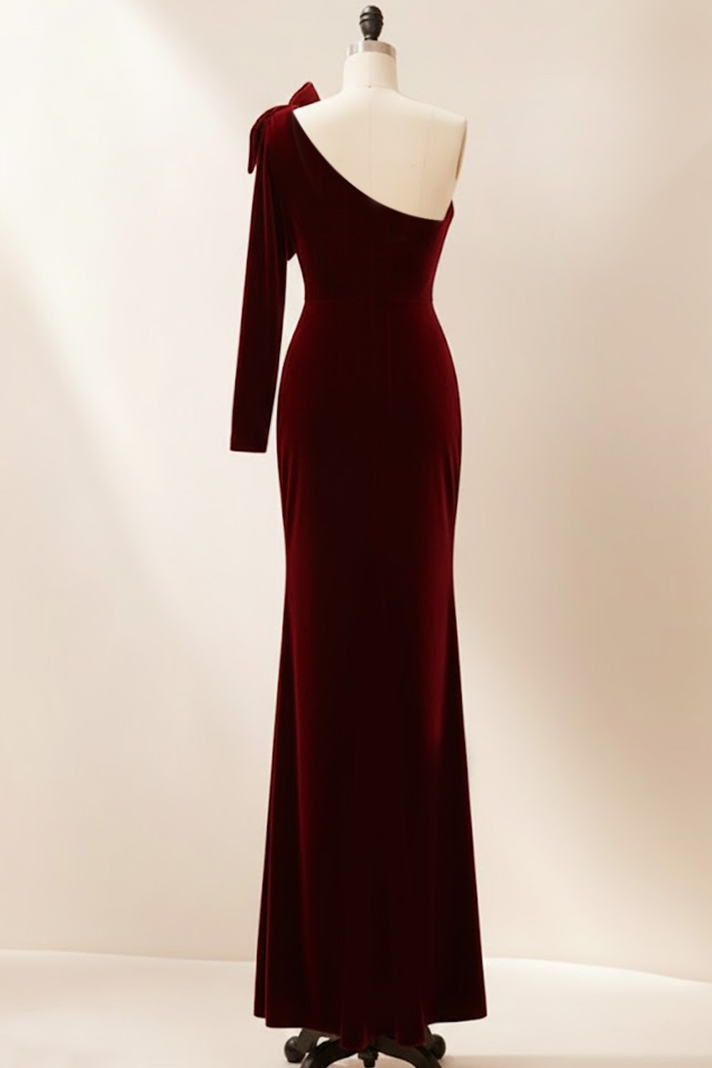 Burgundy Mermaid Velvet Maxi Holiday Party Dress with Bow