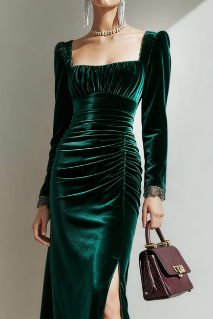 Emerald Green Sheath Ruched Velvet Maxi Holiday Party Dress with Sleeves