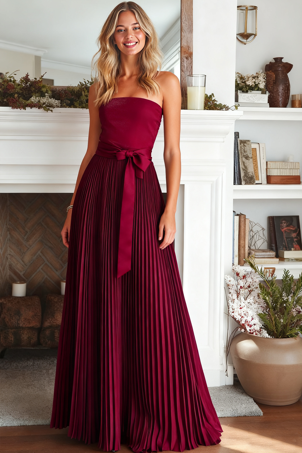 Leely Women Burgundy Pleated Maxi Evening Dress A Line Strapless Formal Dress with Bow