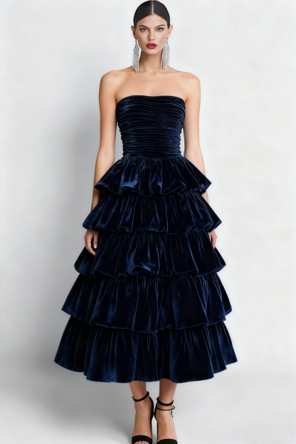 Leely Women Navy Tiered Velvet Long Holiday Party Dress Strapless Ruched A Line Formal Dress