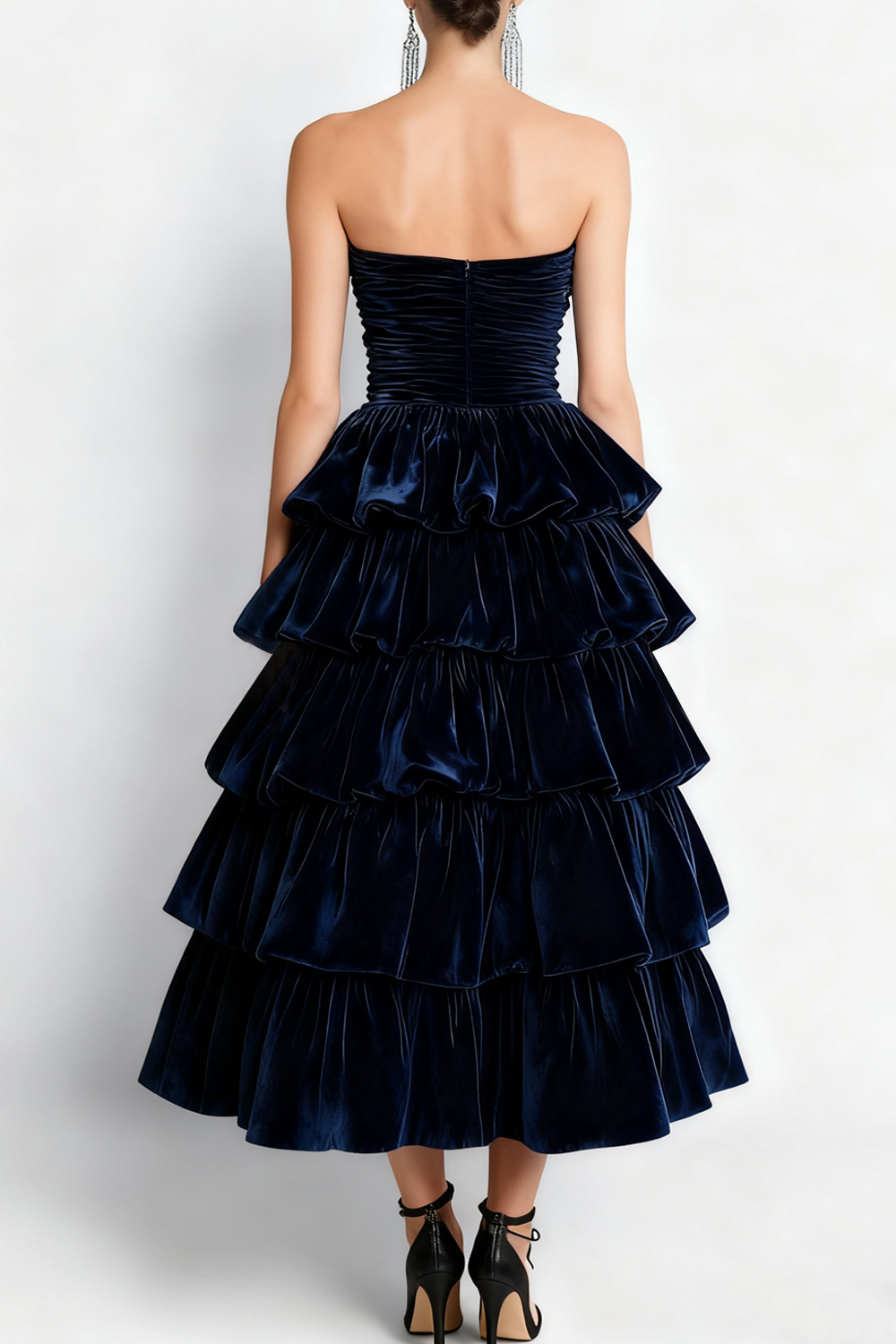 Navy Tiered Strapless Ruched Velvet Long Holiday Party Dress