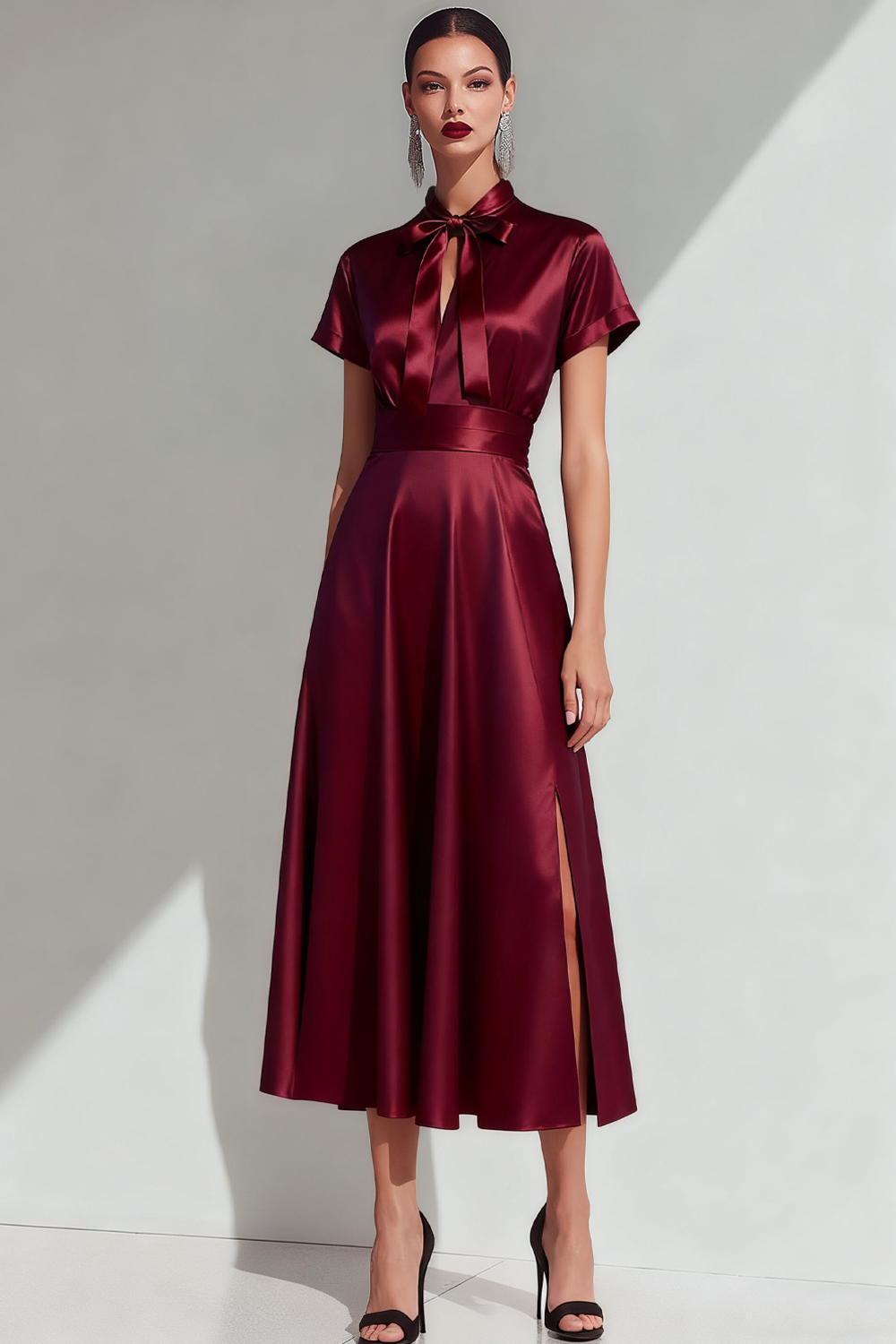 Leely Women Burgundy Satin Bow Long Formal Dress with Slit A Line Evening Dress with Sleeves