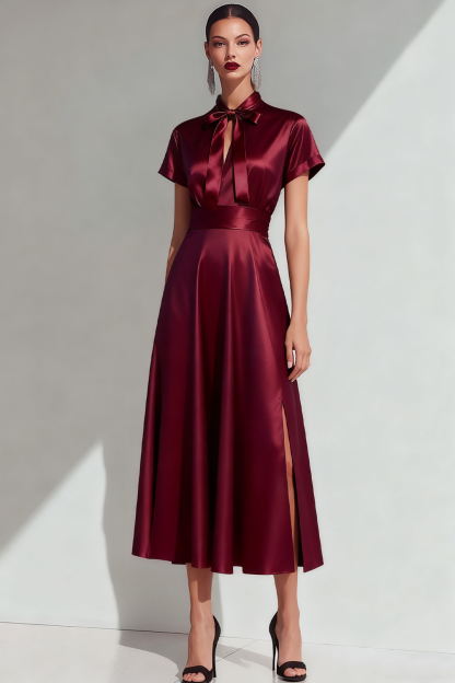 Leely Women Burgundy Satin Bow Long Formal Dress with Slit A Line Evening Dress with Sleeves
