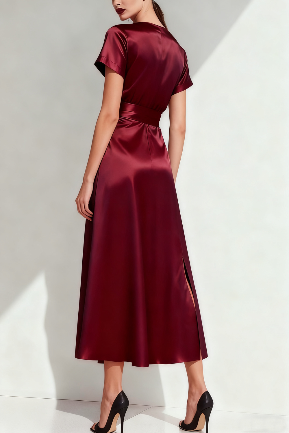 Burgundy Satin Bow A Line Long Formal Dress with Slit