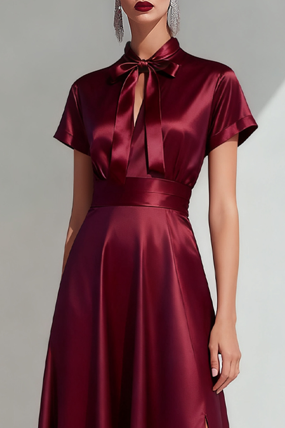 Burgundy Satin Bow A Line Long Formal Dress with Slit