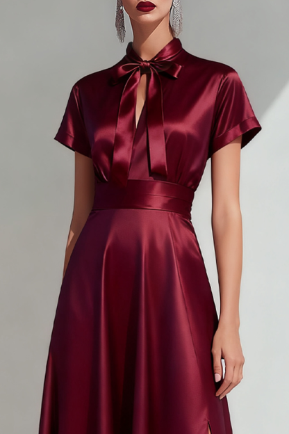 Burgundy Satin Bow A Line Long Formal Dress with Slit