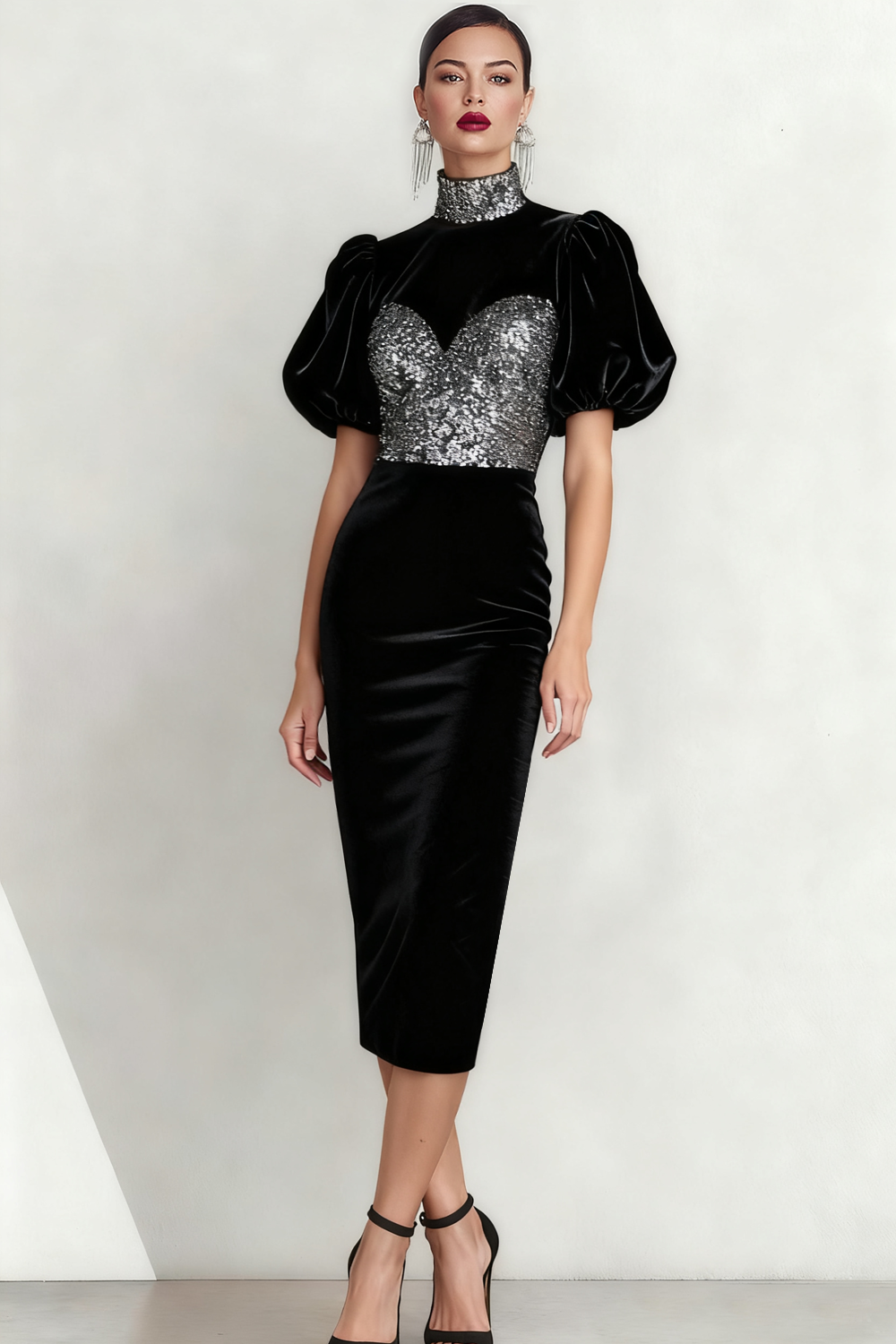 Leely Women Sparkly Black Velvet Midi Holiday Party Dress with Sequin Sheath High Neck Evening Dress with Sleeves