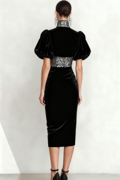 Sparkly Black Velvet High Neck Midi Holiday Party Dress with Sequin
