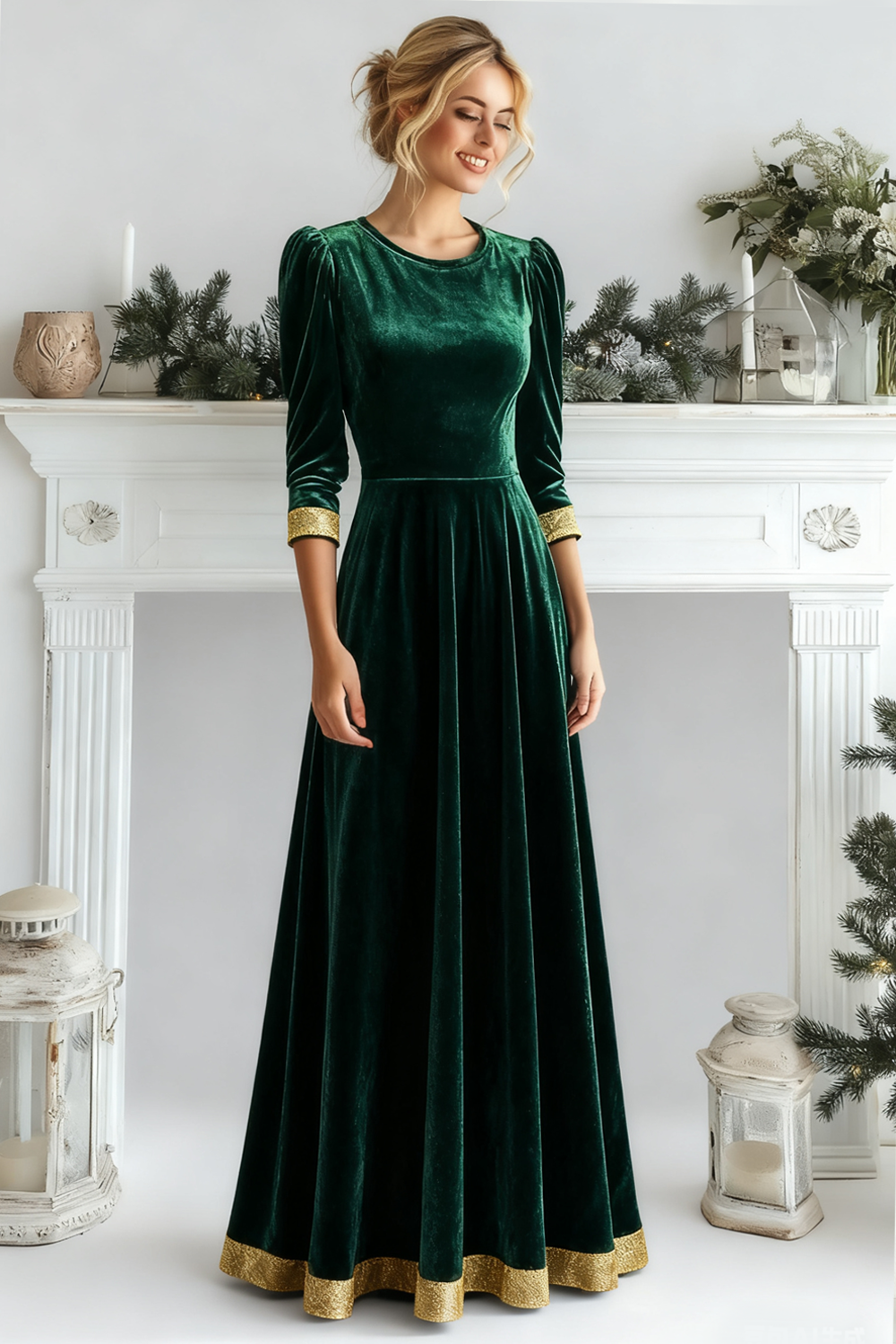 Emerald Green A Line Velvet Long Holiday Party Dress with Sleeves