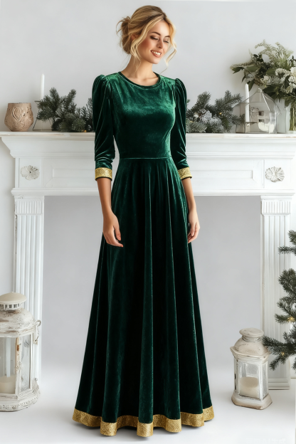 Leely Women Emerald Green Velvet Long Holiday Party Dress with Sleeves A Line Round Neck Evening Dress