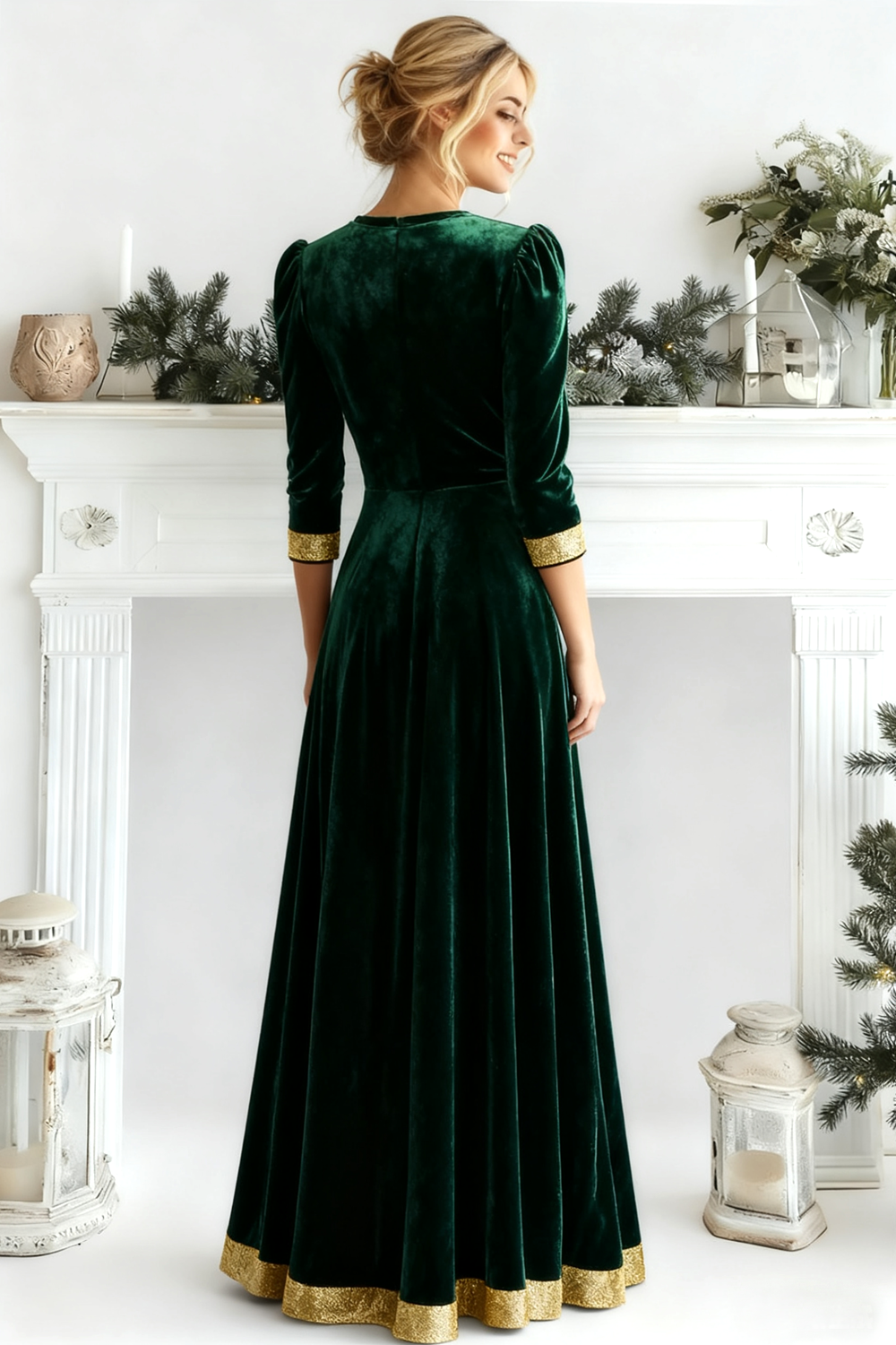 Emerald Green A Line Velvet Long Holiday Party Dress with Sleeves