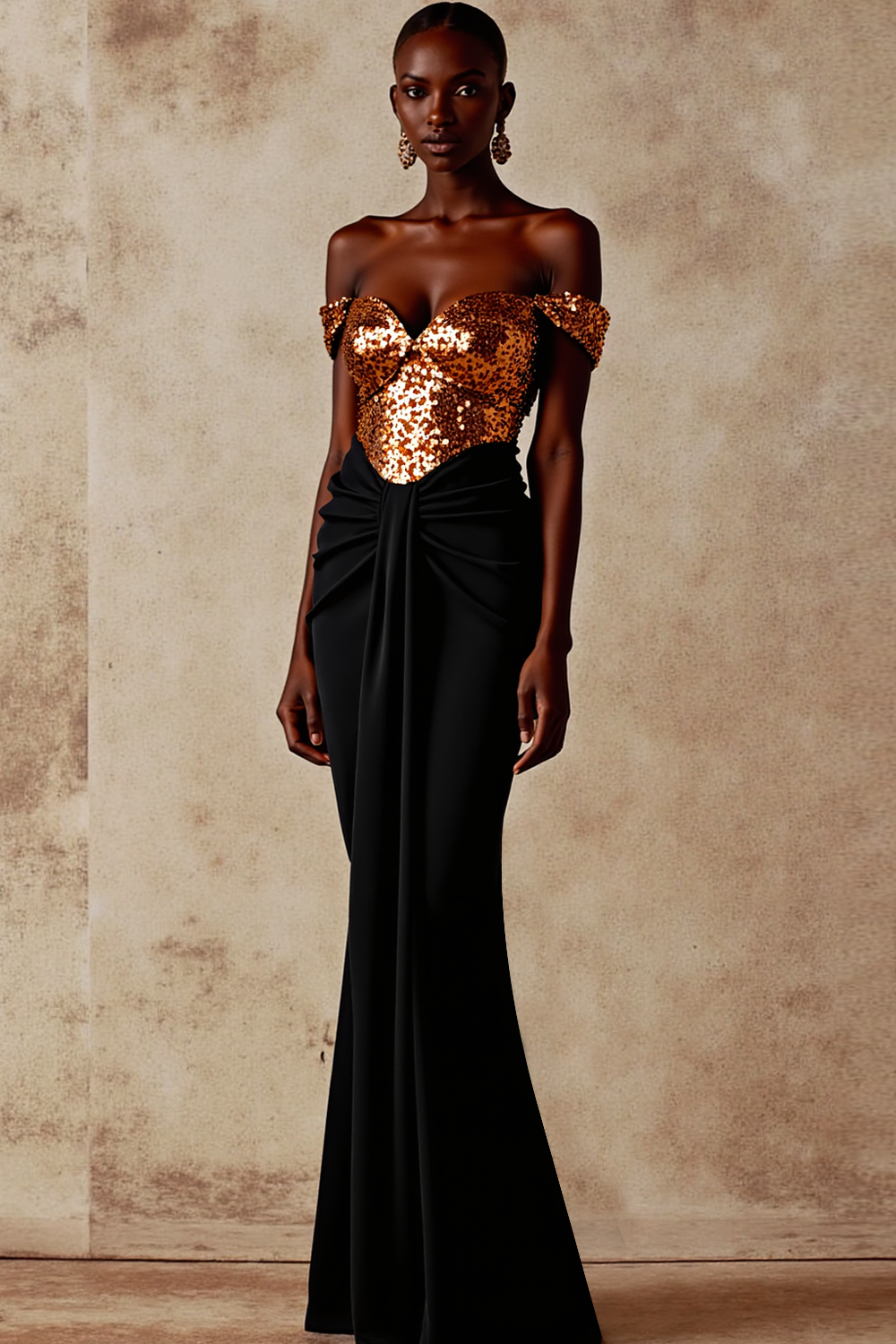 Leely Women Sparkly Golden Long Formal Dress with Sequins Off the Shoulder Mermaid Evening Dress