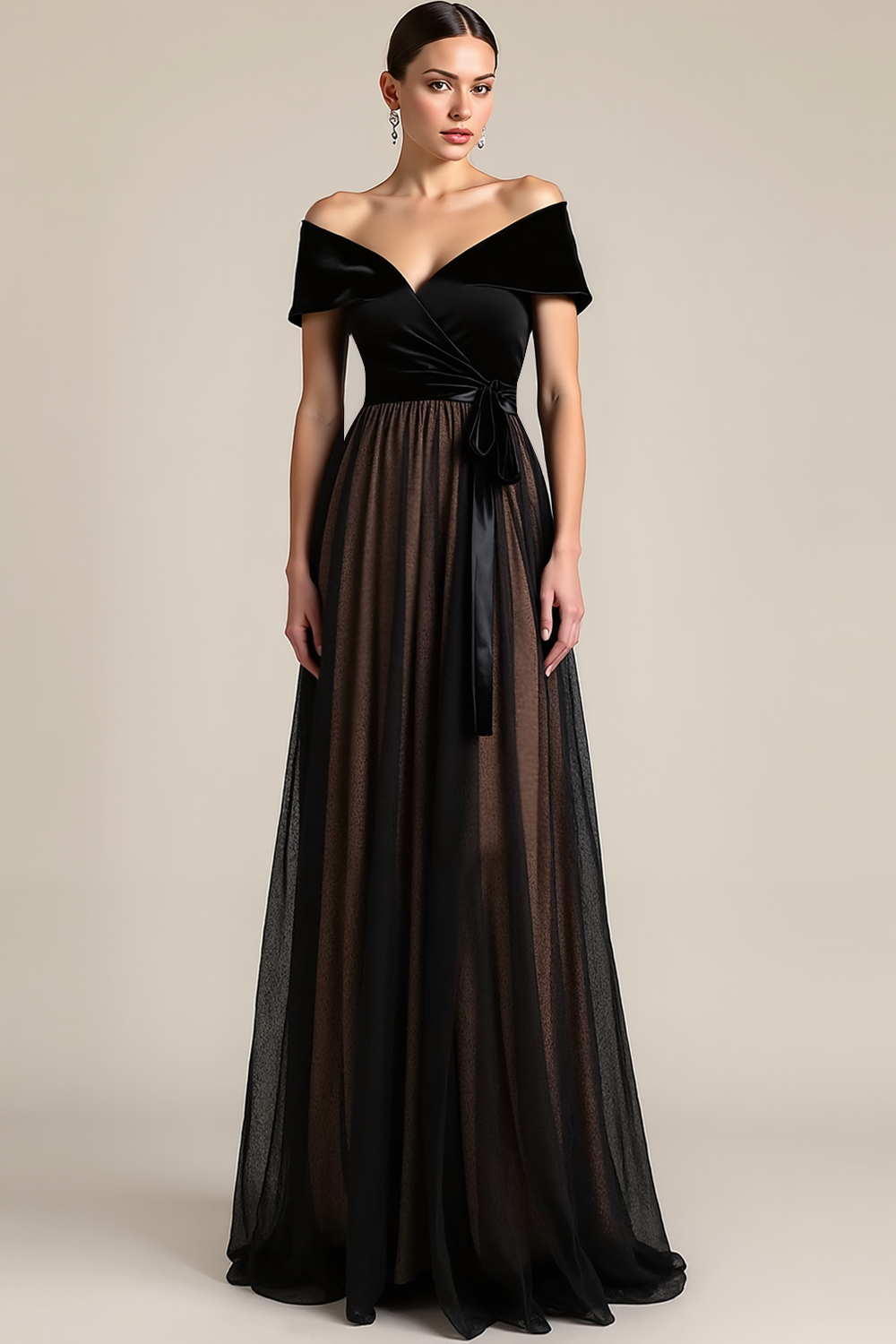 Leely Women Black A-Line Long Formal Dress Off the Shoulder Evening Dress with Sash