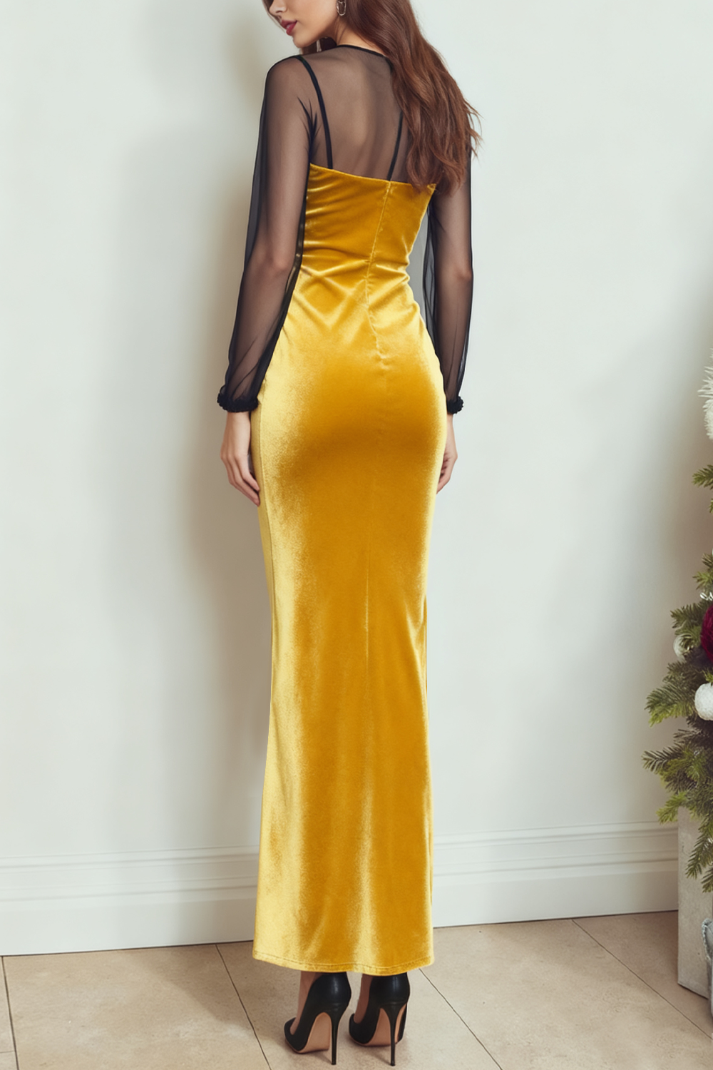 Yellow Mermaid Illusion Neck Velvet Long Formal Dress