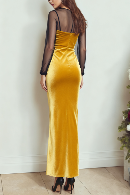 Yellow Mermaid Illusion Neck Velvet Long Formal Dress