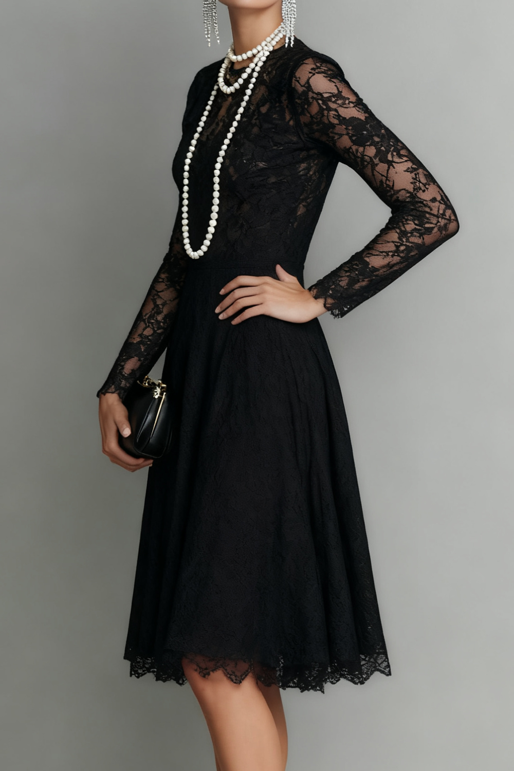Black Lace Long Sleeves Scoop Neck Short Cocktail Dress