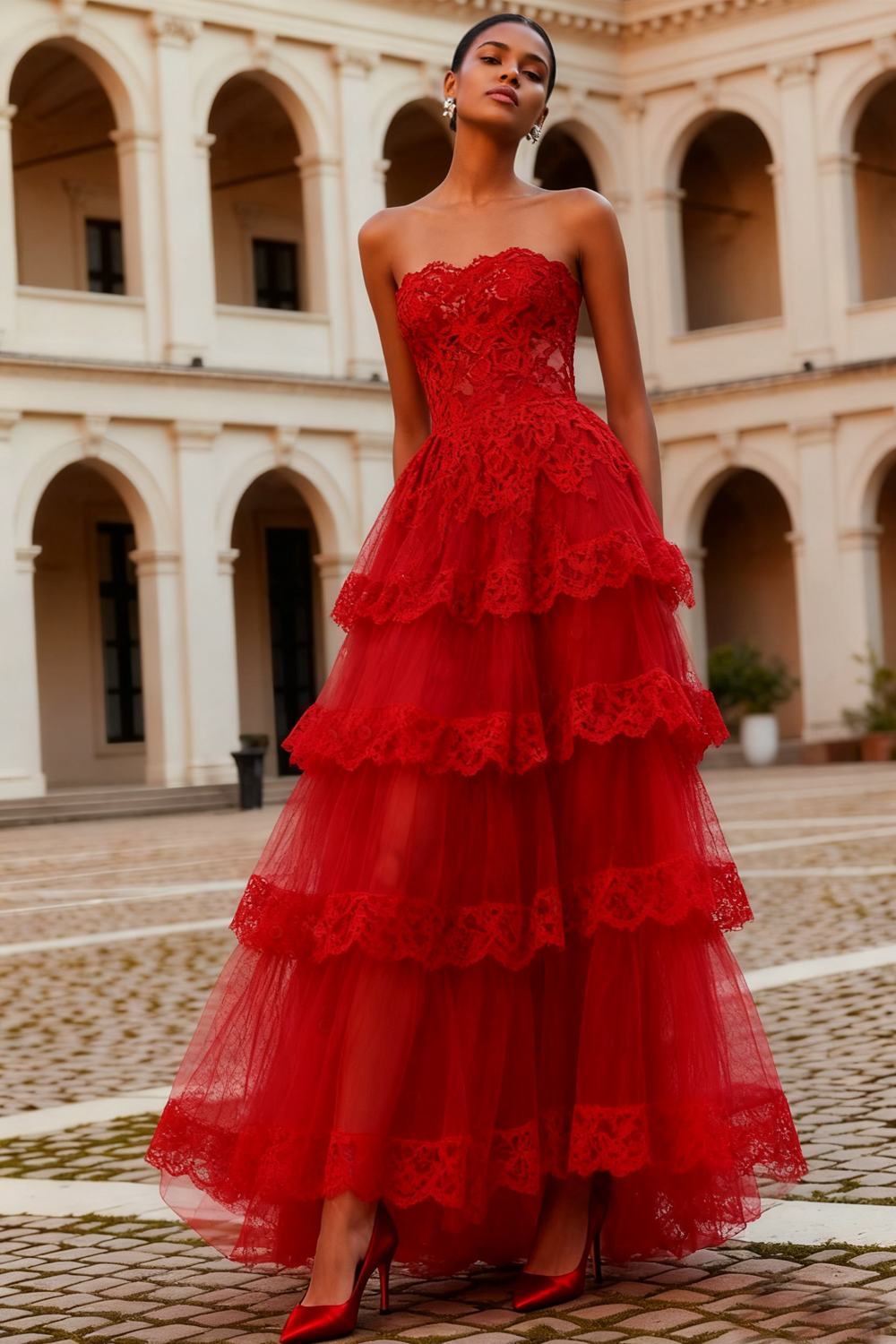 Leely Women Red A-Line Long Lace Prom Dress with Ruffles Tiered Strapless Tulle Pageant Dress