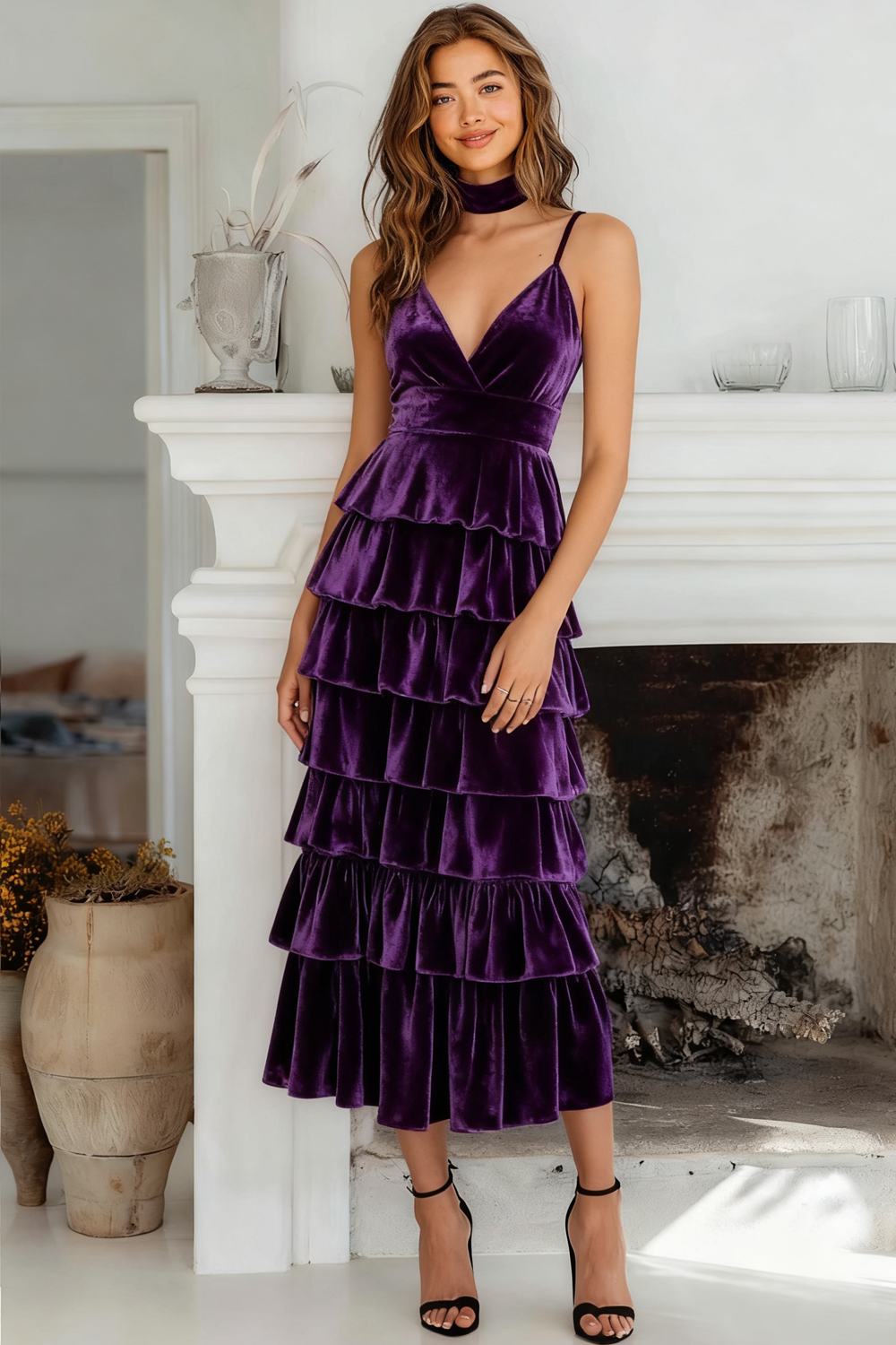 Dark Purple A-Line Tiered Maxi Holiday Party Dress with Ruffles