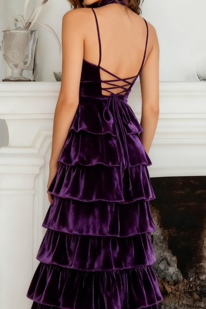 Dark Purple A-Line Tiered Maxi Holiday Party Dress with Ruffles