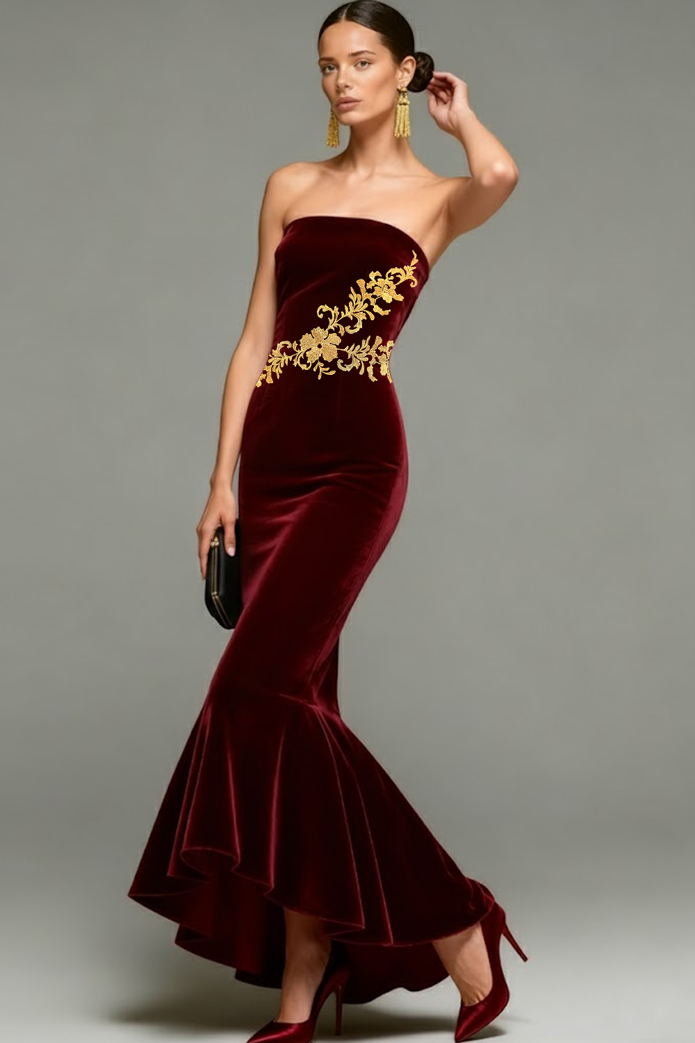 Leely Women Burgundy Long Velvet Holiday Party Dress with Embroidery Strapless Mermaid Formal Dress with Ruffles