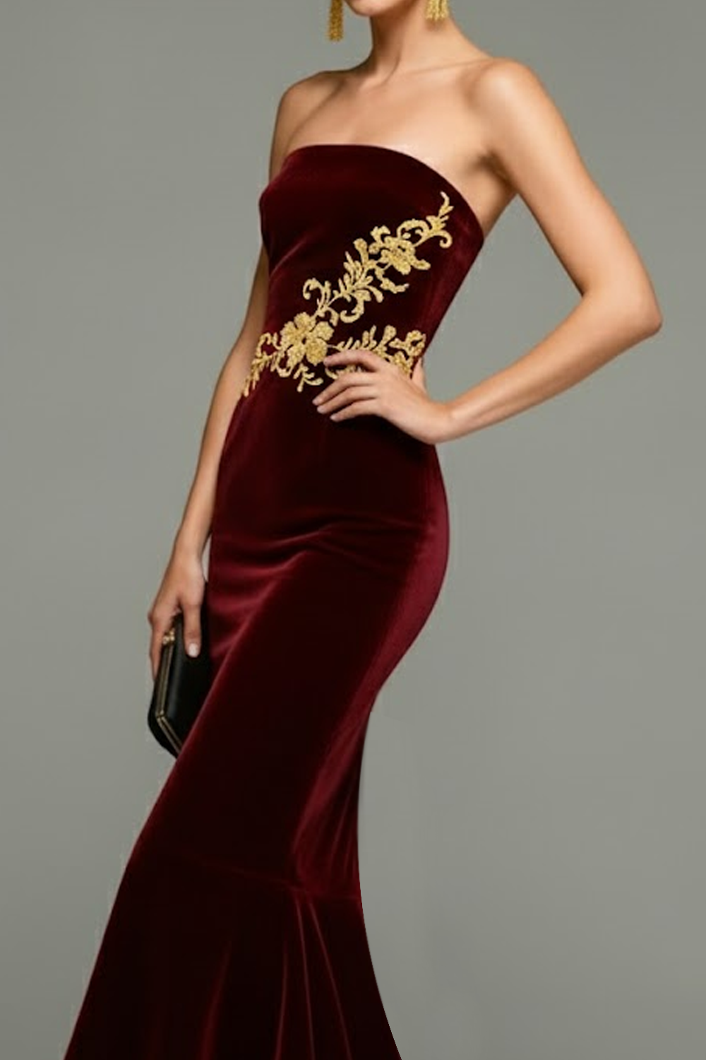 Burgundy Mermaid Long Velvet Holiday Party Dress with Embroidery