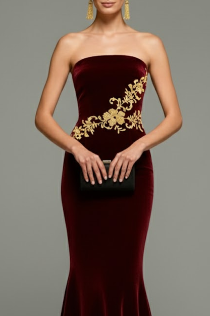 Burgundy Mermaid Long Velvet Holiday Party Dress with Embroidery
